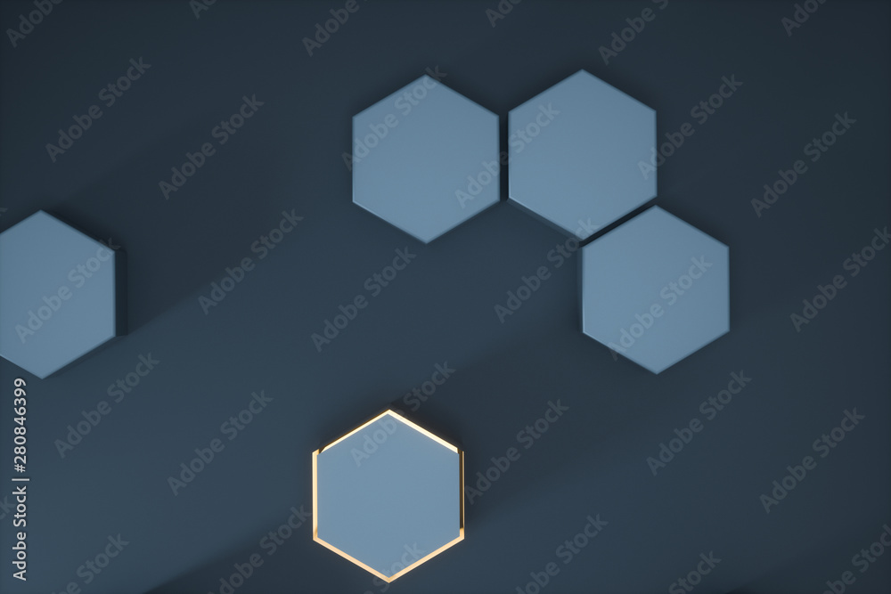 Dark hexagonal platforms connected together background, 3d rendering
