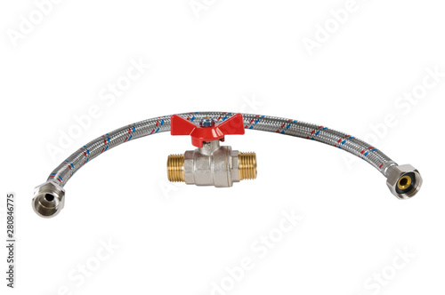 water tap metal hoses for connecting water taps, flexible hose for plumbing in the house. Isolated on white background. Hot and cold water.
