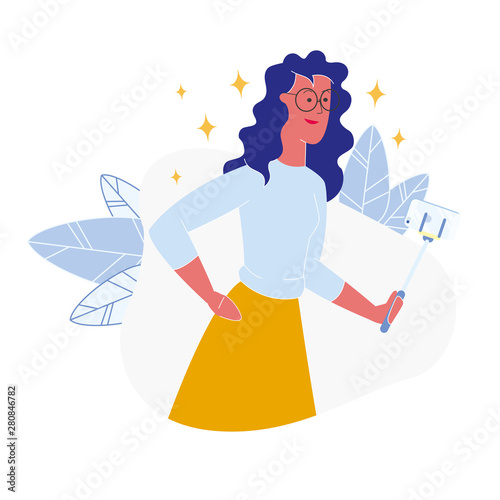 Curly Lady Taking Picture Flat Vector Illustration