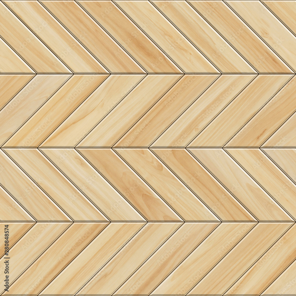 Seamless texture of light wooden parquet. High resolution pattern of chevron wood - obrazy, fototapety, plakaty 