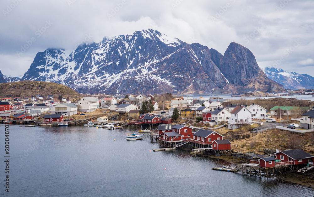 Fishing fjord village Reine in spring, popular tourist spot in Lofoten Islands, Norway Europe