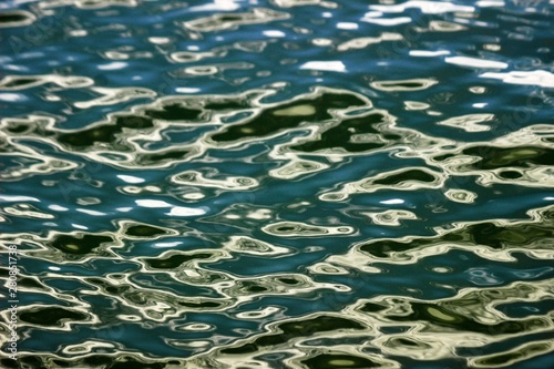 Abstract water ripples background with close up details of shiny teal and dark green patterns from movement and light reflecting on the ocean's surface