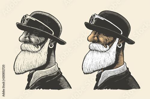 Man With A Mustache And Beard In A Bowler Hat. engraving style. vector illustration