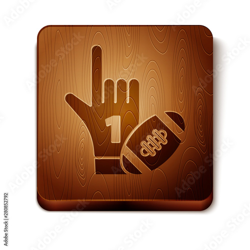 Brown Number 1 one fan hand glove with finger raised and american football ball icon isolated on white background. Set of sport equipment. Wooden square button. Vector Illustration