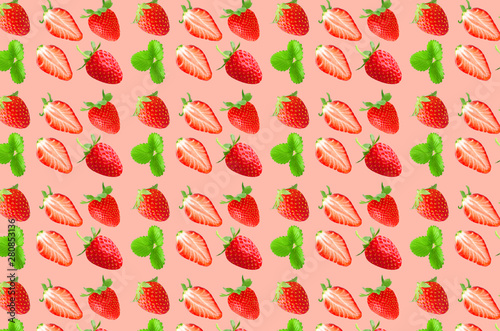 Vivid fruit pattern of fresh strawberry on colourful background