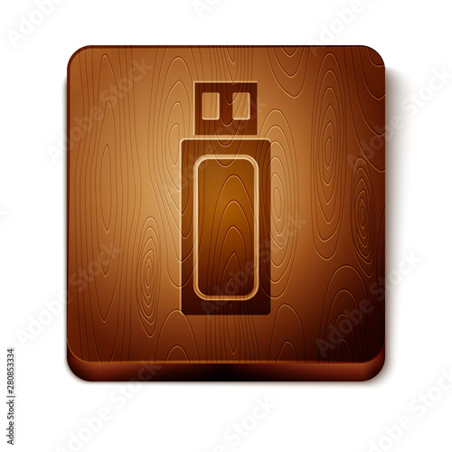 Brown USB flash drive icon isolated on white background. Wooden square button. Vector Illustration