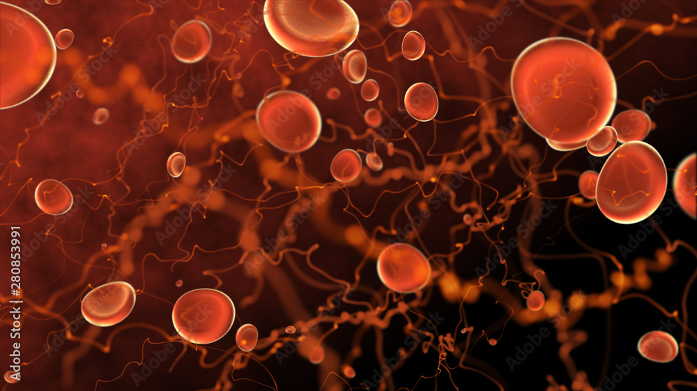 Microscope red blood cells and virus Bacteria, infection 3d rendering, health care, medical and science concept. particle in blood, human body science biology - obrazy, fototapety, plakaty 