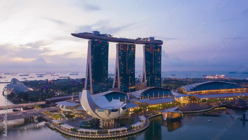 aerial view hyperlapse 4k video of the Marina Bay Sands in Singapore City Skyline.
