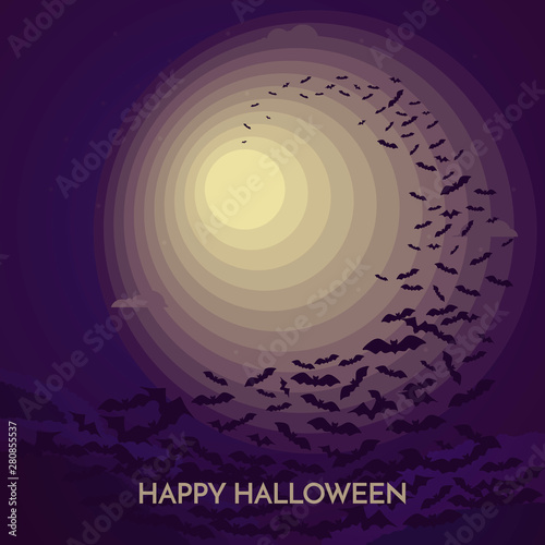 Haunted Happy Halloween vector banner with bats flying to the full moon light.