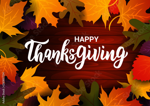 Happy Thanksgiving hand lettering text. Typography for logo, icon, card, invitation and banner template. Greeting card for Thanksgiving day celebration. Vector illustration.