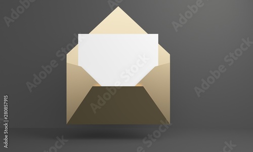 Mockup golden envelope with white paper. 3d rendering