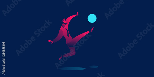 businessman playing soccer or football. business concept in red and blue neon gradients