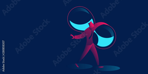 businessman holding sand timer or hourglass. timemanagement business concept vector illustration in red and blue neon gradients