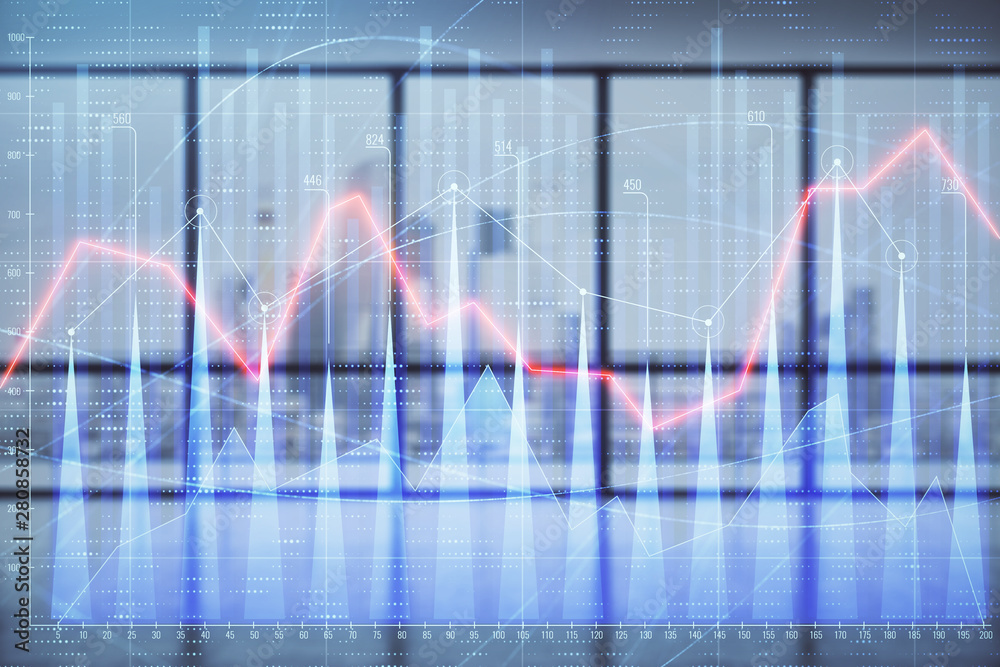 Double exposure of financial chart on empty room interior background. Forex market concept. Double exposure of financial chart on empty room interior background. Forex market concept.