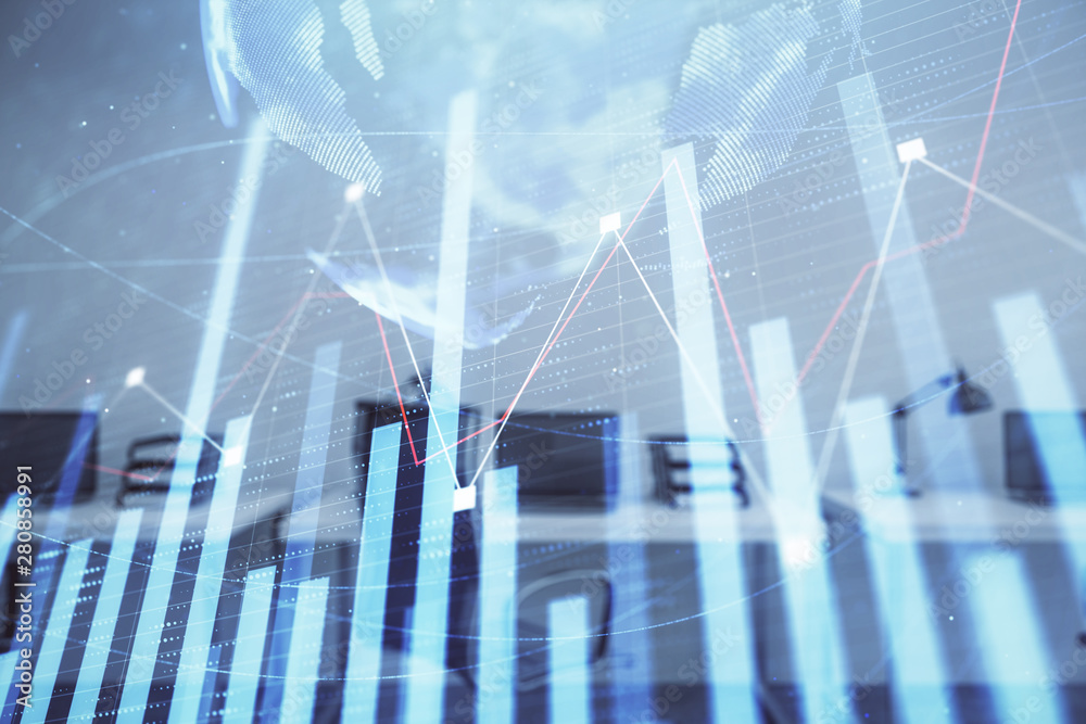 Stock and bond market graph and world map with trading desk bank office interior on background. Multi exposure. Concept of international finance Stock and bond market graph and world map with trading desk bank office interior on background. Multi exposure. Concept of international finance