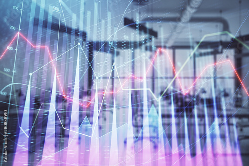 Stock and bond market graph with trading desk bank office interior on background. Multi exposure. Concept of financial analysis