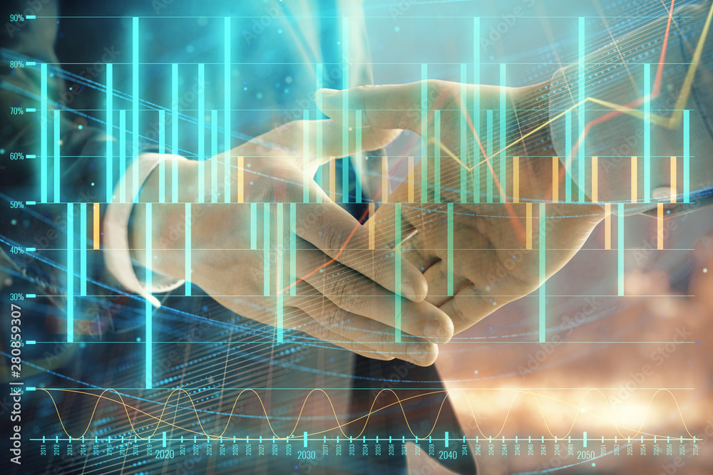 Double exposure of financial chart on cityscape background with two businessmen handshake. Concept of financial analysis and investment opportunities Double exposure of financial chart on cityscape background with two businessmen handshake. Concept of financial analysis and investment opportunities