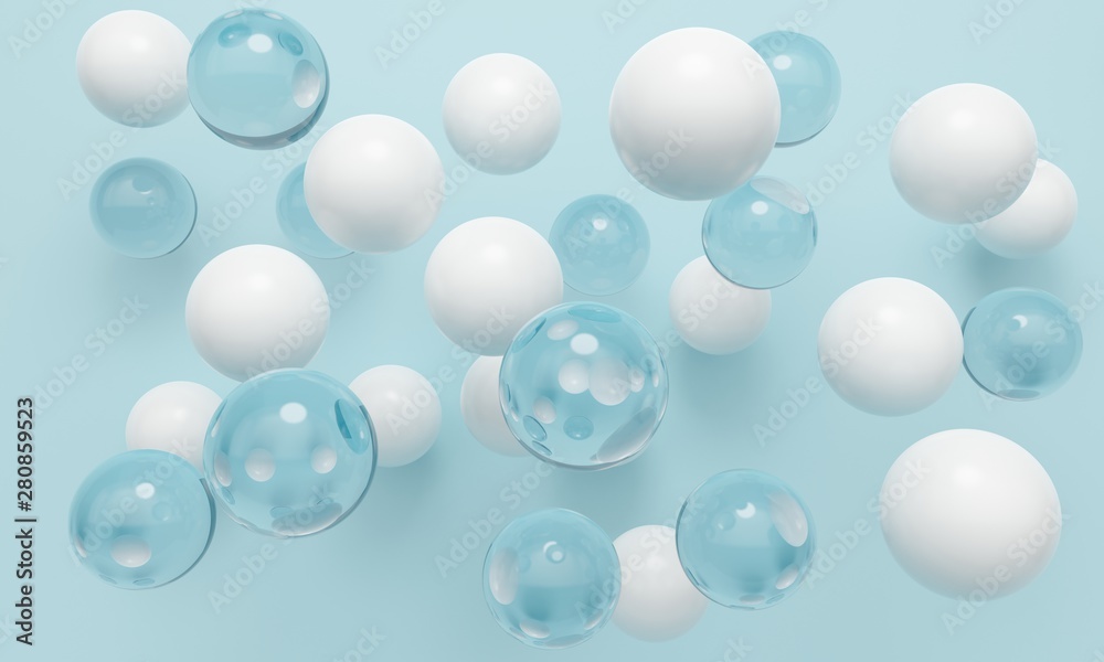 Geometric abstract background with blue and white balls. 3d rendering