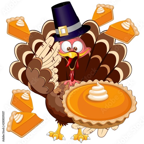 Turkey Happy Thanksgiving Character with Pumpkin Pie Vector Illustration