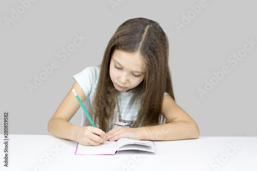 A little girl makes a note in a notebook
