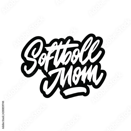 Softboll mom. Typography design for shirts, prints, posters. Hand drawn vector illustration isolated on white background.