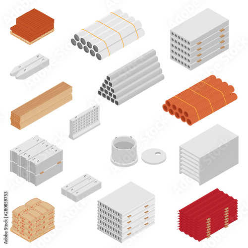 Building and construction materials vector icon set isometric view isolated on white background.