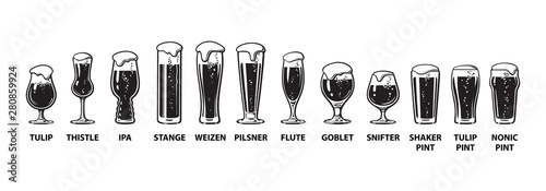 Beer glassware guide. Various types of beer glasses. Hand drawn vector illustration on white background.