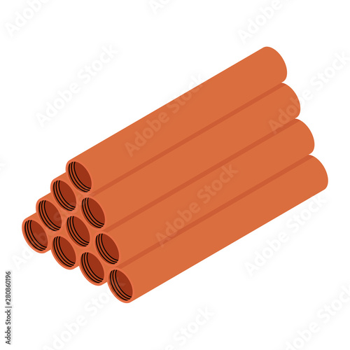 Stacked orange sanitary pvc pipes isolated on white background isometric view
