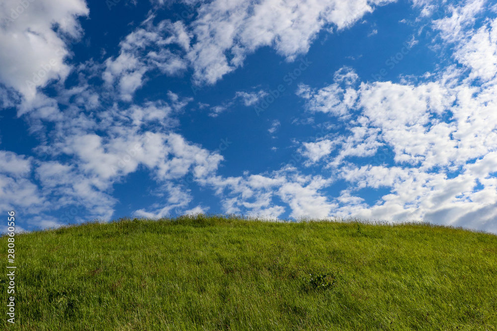 A beautiful summer hill landscape scene. The hill is covered in lush green grass topped with a bright blue sky and a scattering of fluffy brilliant white cumulus clouds.