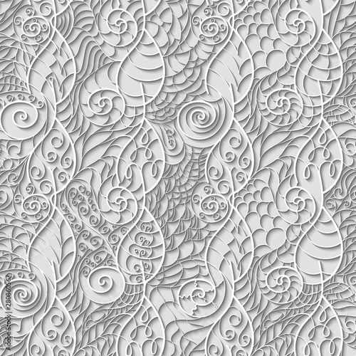 Light seamless pattern of paper twisted leaves and spirals in papercut style