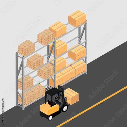 Warehouse interior with shelves, pallets, forklift and boxes.  Logistic Delivery Service Concept