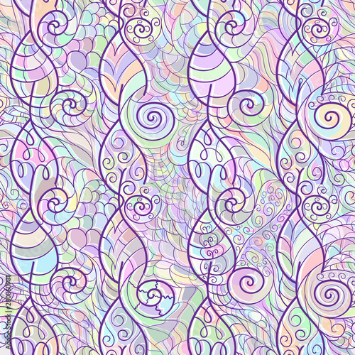 Seamless print of stylized leaves and spirals for texturing fabrics and designer packaging