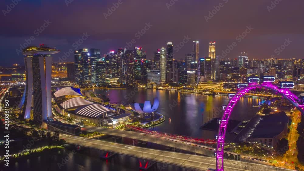 aerial view hyperlapse 4k video of the Marina Bay Sands in Singapore City Skyline.