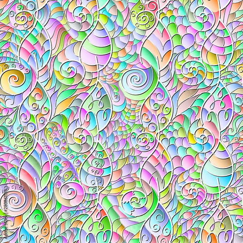 Children's vector seamless color pattern of leaves and spirals in the style of patchwork.