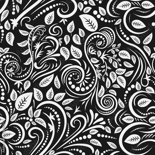 Seamless black background with white pattern in baroque style. Vector retro illustration. Ideal for printing on fabric or paper for wallpapers, textile, wrapping.