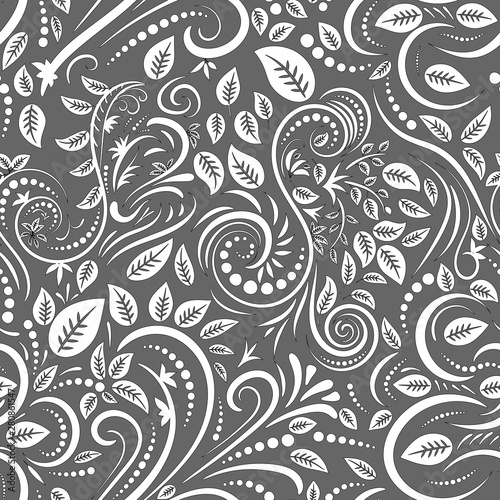 Seamless grey background with white pattern in baroque style. Vector retro illustration. Ideal for printing on fabric or paper for wallpapers  textile  wrapping.