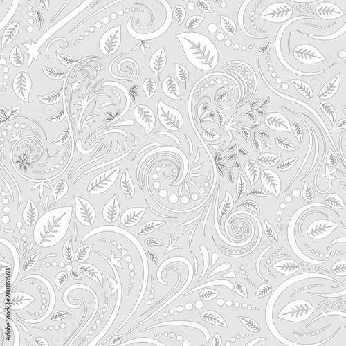 Seamless grey background with white pattern in baroque style. Vector retro illustration. Ideal for printing on fabric or paper for wallpapers, textile, wrapping.