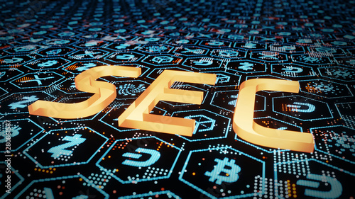 3D Rendering of gold yellow glowing text on bitcoin and alt coins hexagon symbol background. SEC delays decision approving ETF fund influencing  crypto market stability