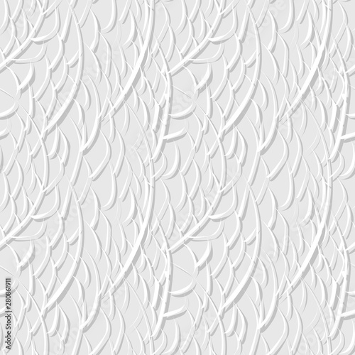Abstract seamless white background. Convex vertical elements similar to the branches cut out of paper.