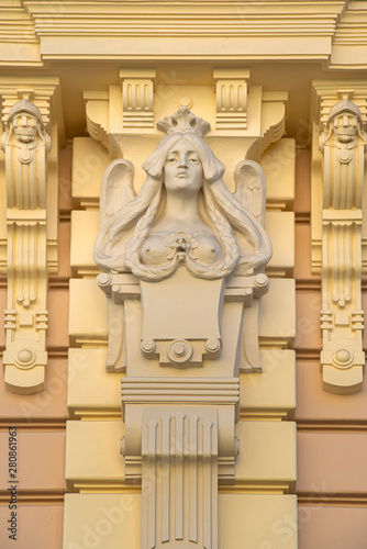Sculpture of a winged woman, as part of an art nouveau facade on Albert Street in Riga (Latvia).