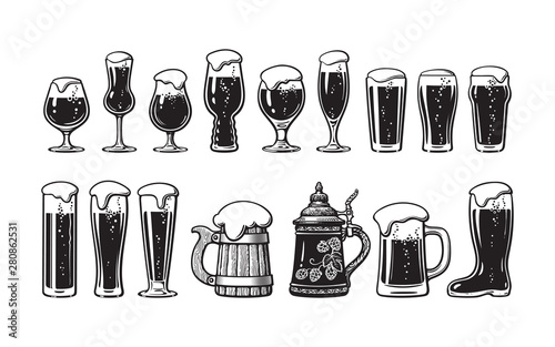 Beer glassware set. Various types of beer glasses and mugs. Hand drawn vector illustration on white background.
