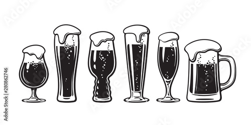 Set of different types of beer glasses. Hand drawn vector illustration on white background.