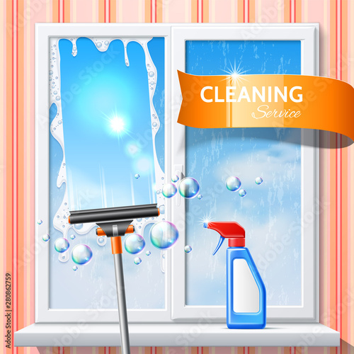 Realistic window cleaning poster with squeegee scraper, detergent spray bottle on background of clean window with blue sky. Vector household chores product design.