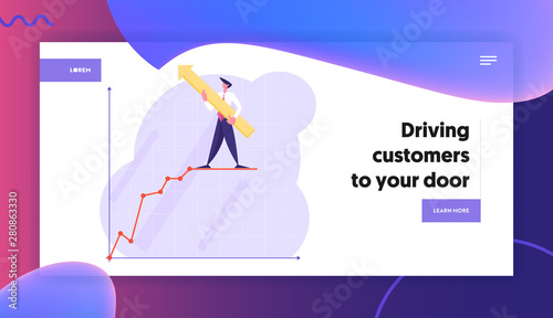 Goal Achievement Website Landing Page, Businessman with Huge Arrow in Hands Stand on Top of Growing Business Chart on Coordinate System, Success Web Page. Cartoon Flat Vector Illustration, Banner