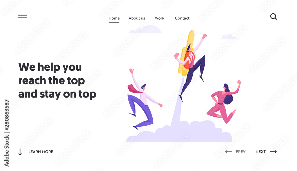 Fast Business Growth Website Landing Page, Happy Colleagues See Off Businesswoman Flying Off with Jet Pack. Great Start, Career Boost, Office Worker Web Page. Cartoon Flat Vector Illustration, Banner