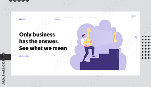 Solving Problem Website Landing Page, Businessman Carry Heavy Gold Key Upstairs to Unlock Keyhole. Leadership, Career Growth, Business Task Solution Web Page. Cartoon Flat Vector Illustration, Banner