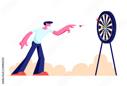 Young Man Playing Darts Outdoors, Character Throw Dart into Target Board, Recreation, Sports Activity, Creative Spare Time, Sport Competition, Entertainment in Park. Cartoon Flat Vector Illustration