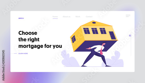 Businessman Carry Heavy Home, Overwhelming Mortgage Website Landing Page, Man Carrying House, Real Estate Investment, Rental or Loan Liabilities Web Page. Cartoon Flat Vector Illustration, Banner