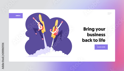 Career Boost, Start Up. Website Landing Page, Business Man and Woman Flying Off with Jet Pack. Office Workers with Rocket on Back Take Off the Ground Web Page. Cartoon Flat Vector Illustration, Banner