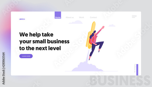 Working Success, Investments Website Landing Page, Woman Fly on Jetpack to Goal Achievement. Girl with Rocket on Back Reach New Level, Career Boost, Web Page. Cartoon Flat Vector Illustration, Banner